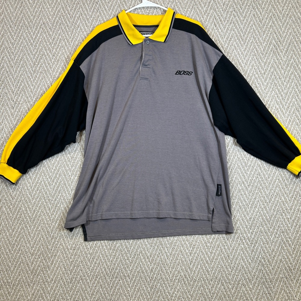 Boss IG Design Shirt Mens XXL Gray Y2K Long Sleeve Polo Colorblock Vintage